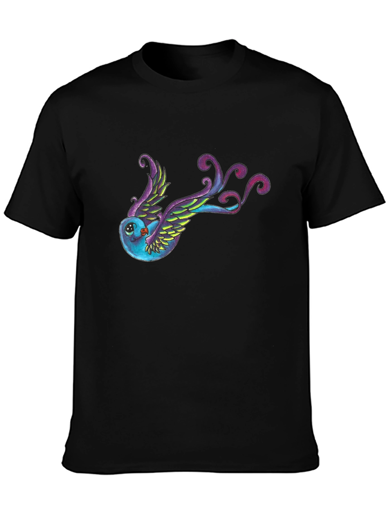 Black Whimsical Bird Graphic Tee - Black Cotton Blend view 3