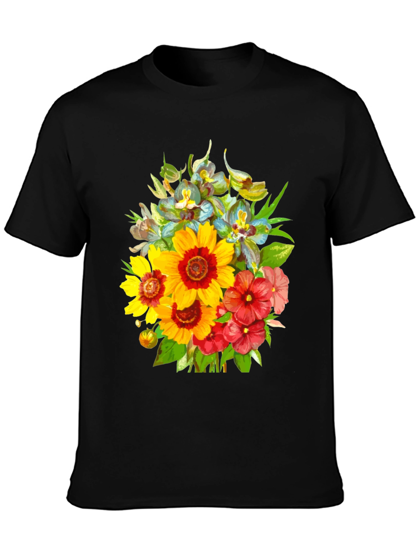 Black Floral Bouquet Graphic Tee - Stylish Men's Black T-Shirt view 3
