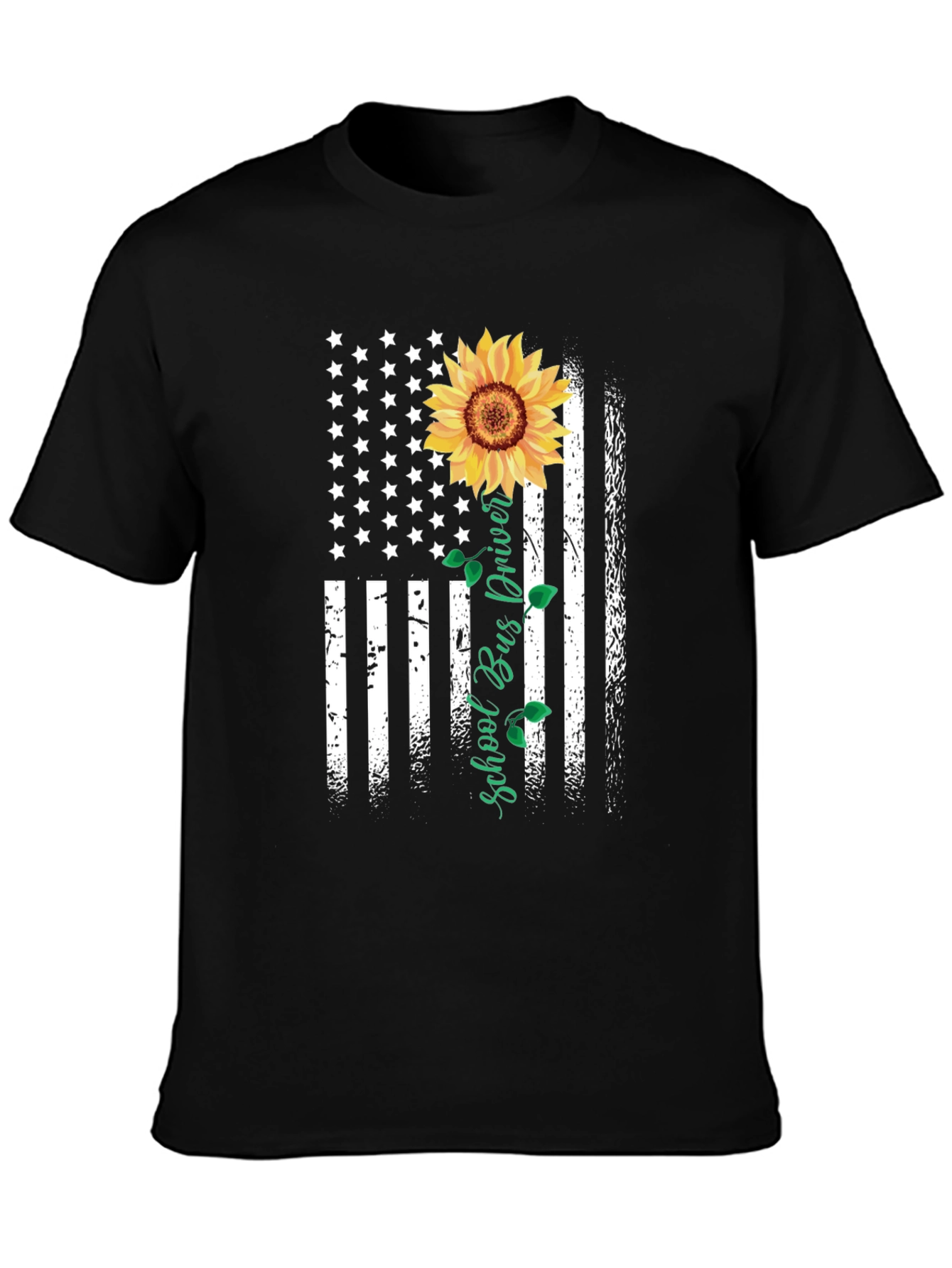 Black Sunflower American Flag School Bus Driver T-Shirt view 3