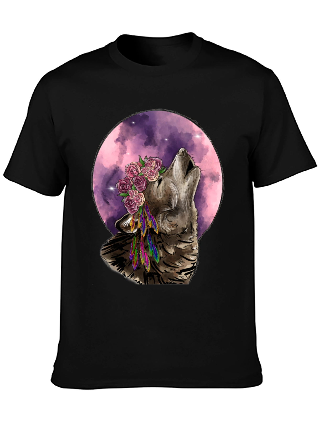 Black Wolf Moon Flower Crown T-Shirt - Nature Inspired Graphic Tee view 3