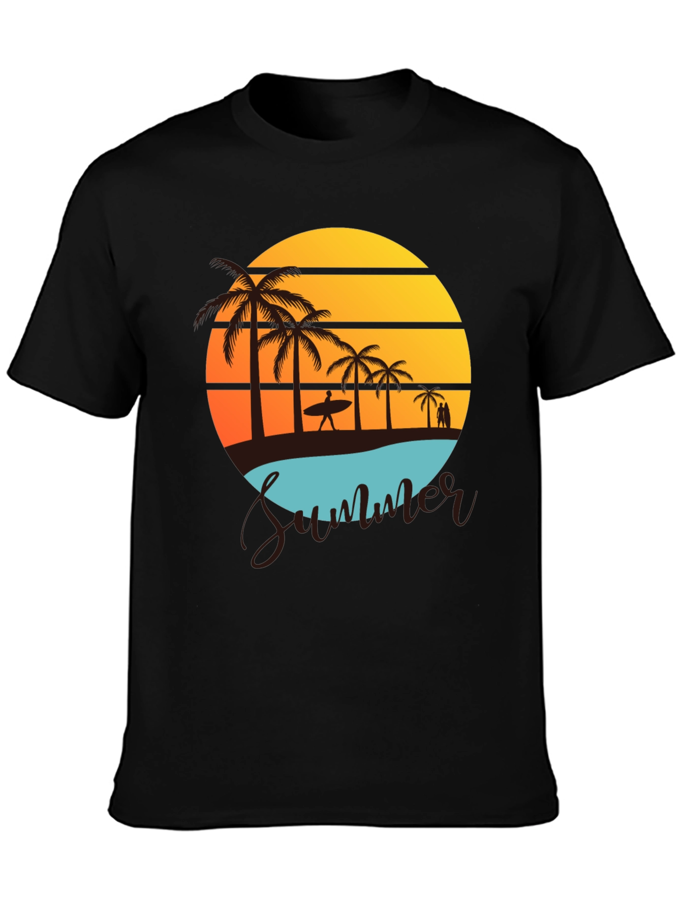 Black Summer Beach Graphic Tee - Palm Trees & Sunset view 3