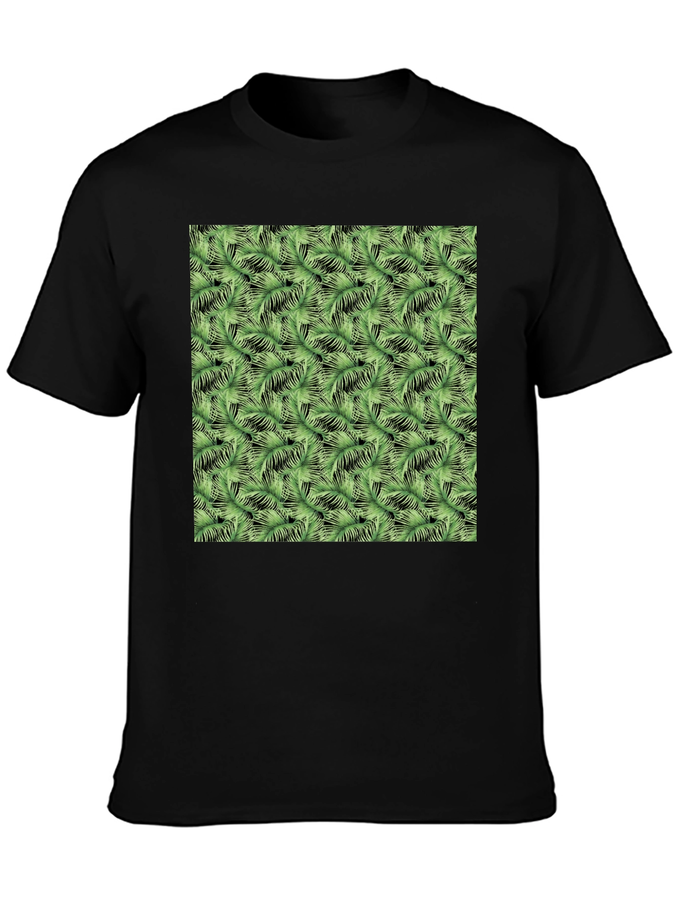 Black Tropical Green Leaf Print Black T-Shirt view 3
