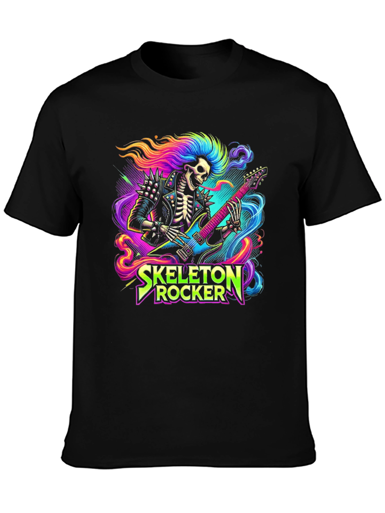 Black Skeleton Rocker T-Shirt - Neon Punk Design view 3
