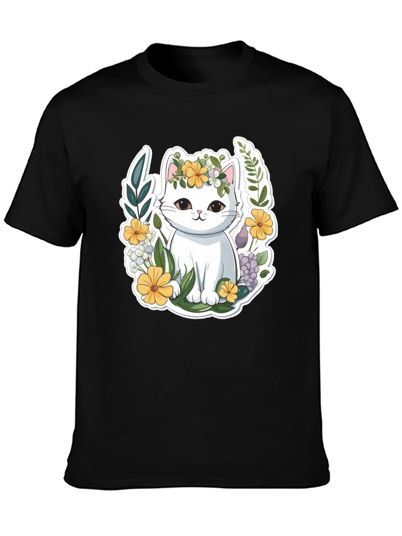 Black Cute Cat Floral Wreath Graphic Tee view 3