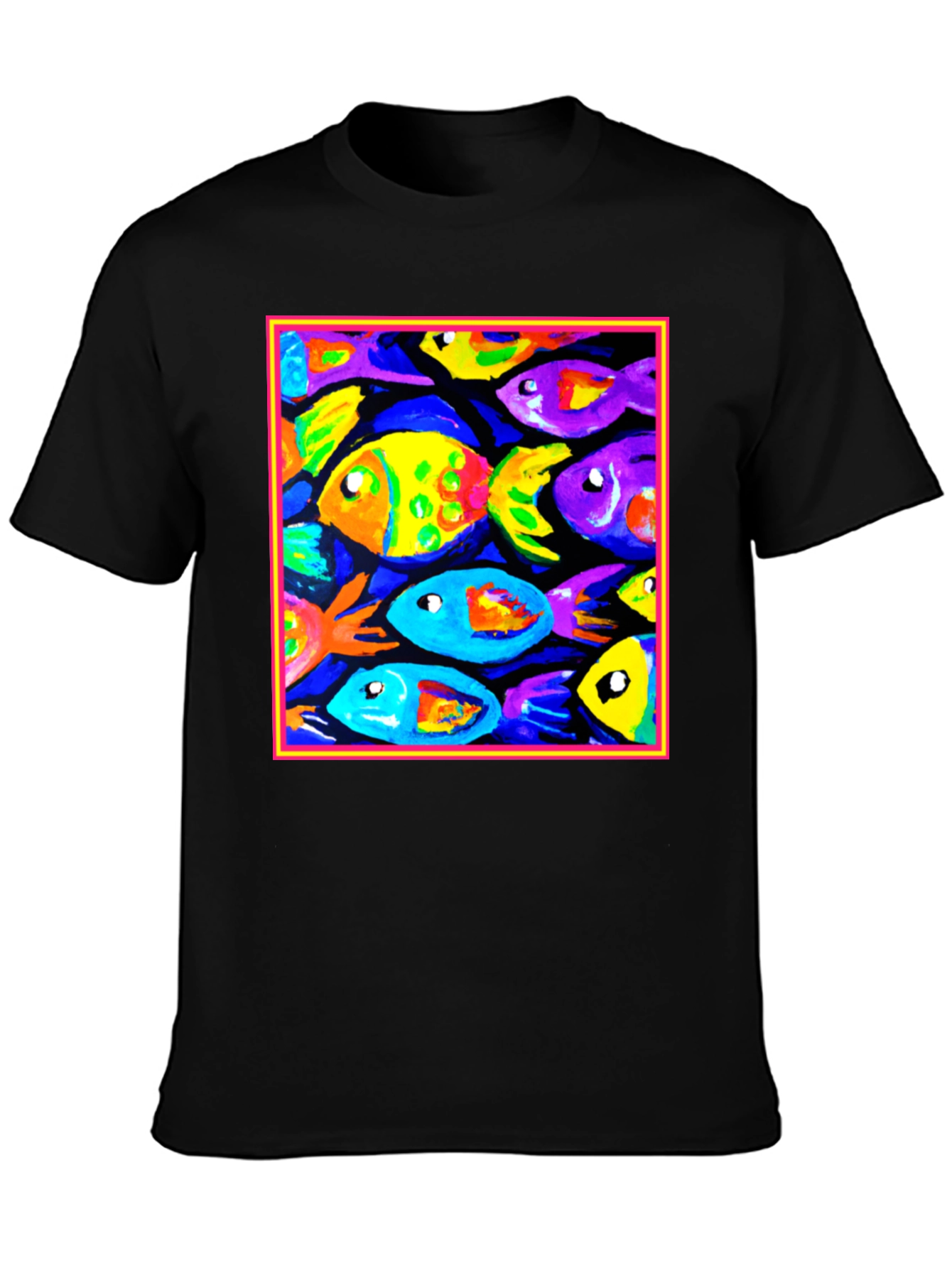 Black Colorful Fish Art Graphic T-Shirt view 3