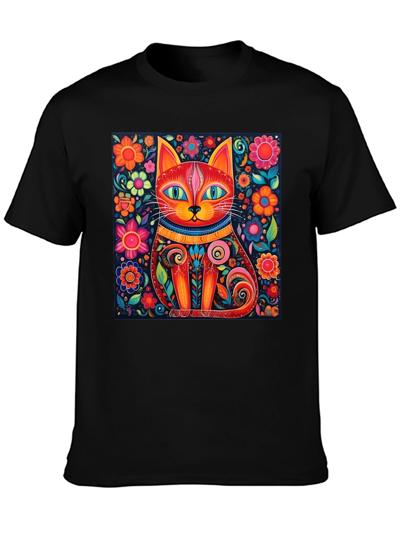Black Colorful Cat Art T-Shirt - Whimsical Floral Feline Design view 3