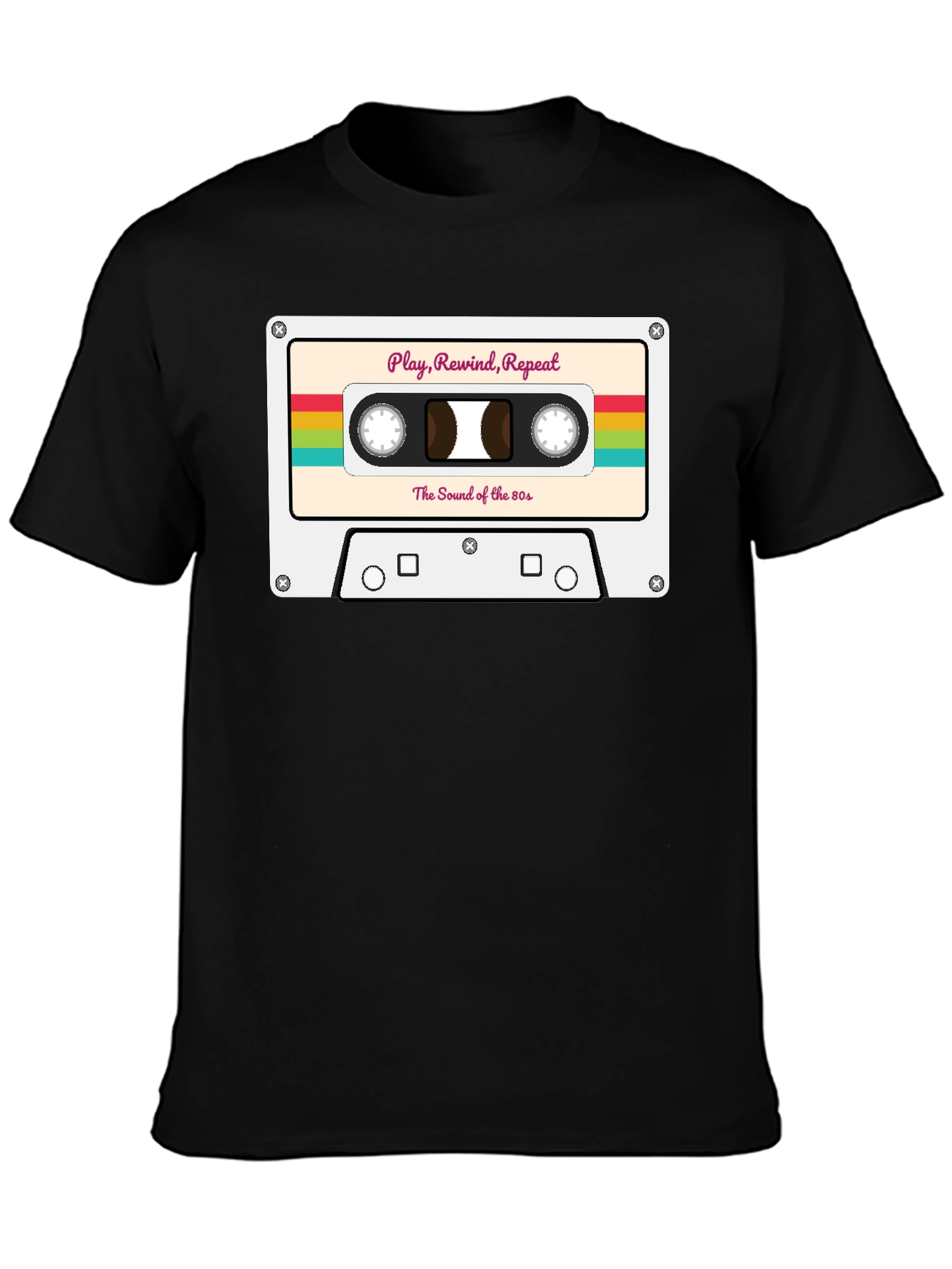 Black Retro 80s Cassette Tape Graphic Tee - Play Rewind Repeat view 3