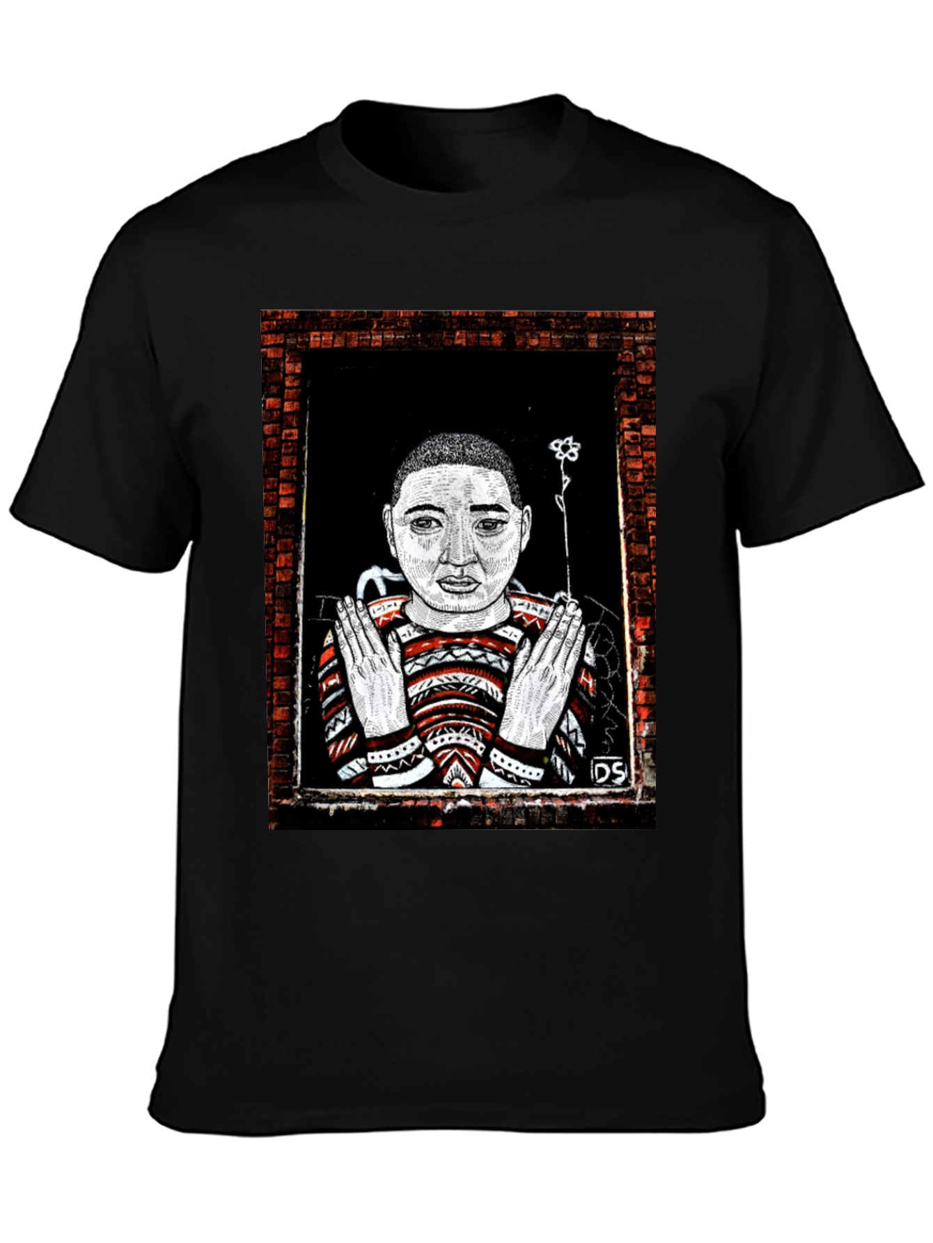 Black Unique Graphic Print Tee - Artistic Portrait Design view 3