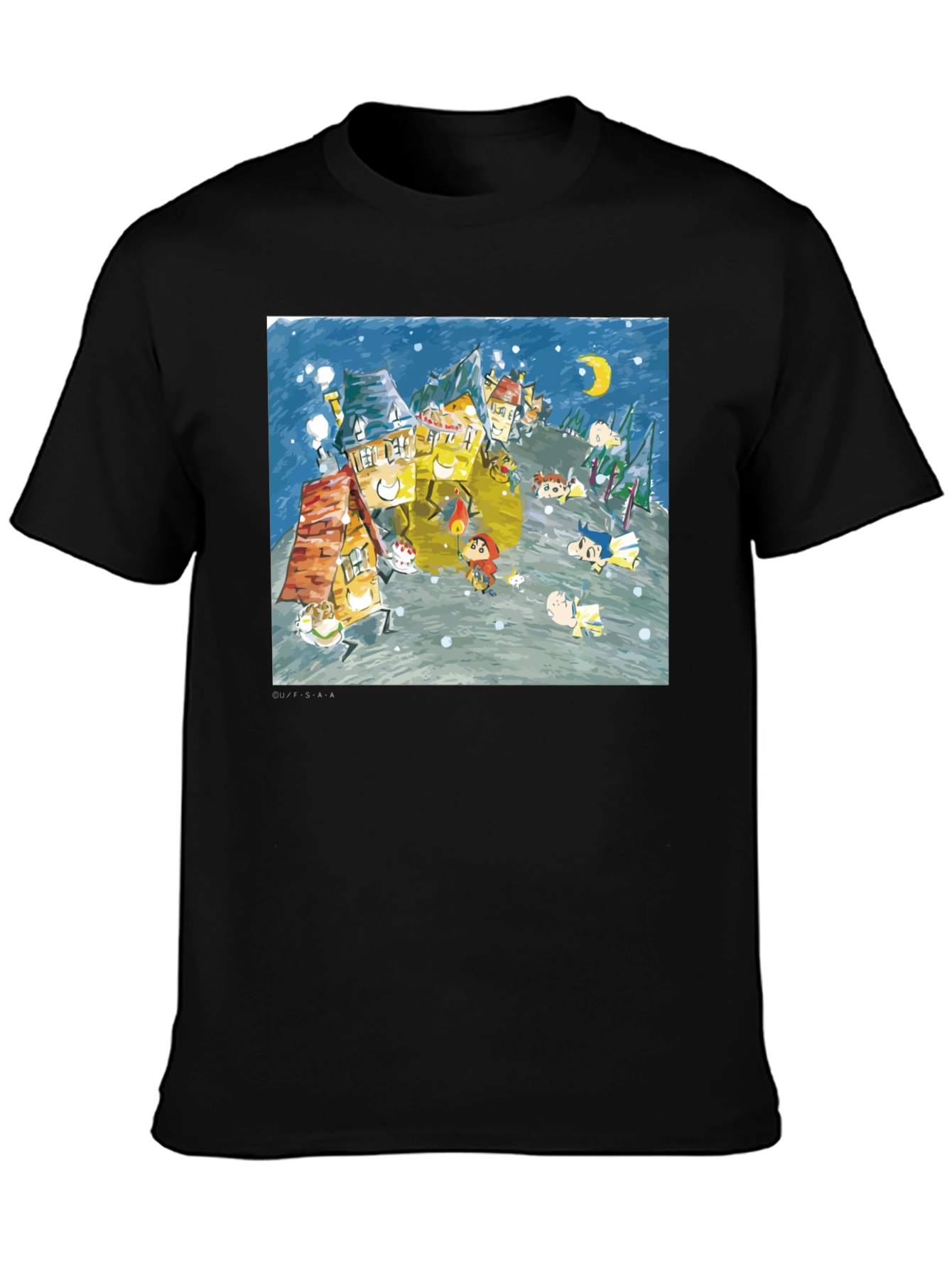Black Whimsical Winter Village Graphic Tee - Black Cotton Blend view 3
