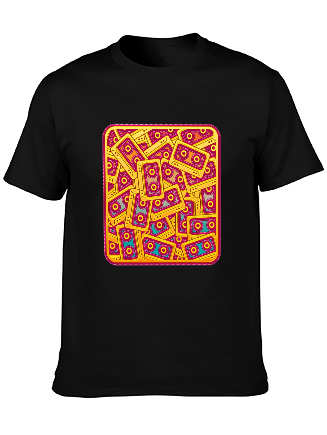 Black Retro Cassette Tape Pattern T-Shirt view 3