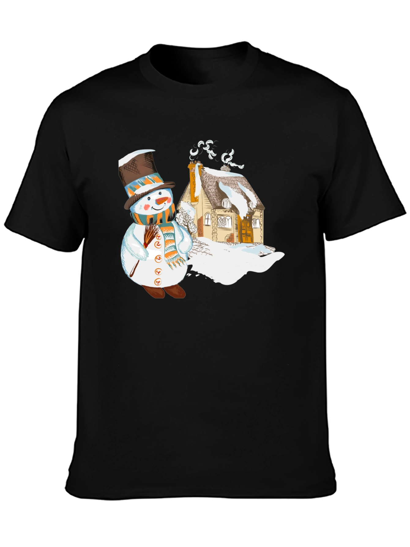 Black Snowman & Cottage Graphic T-Shirt view 3