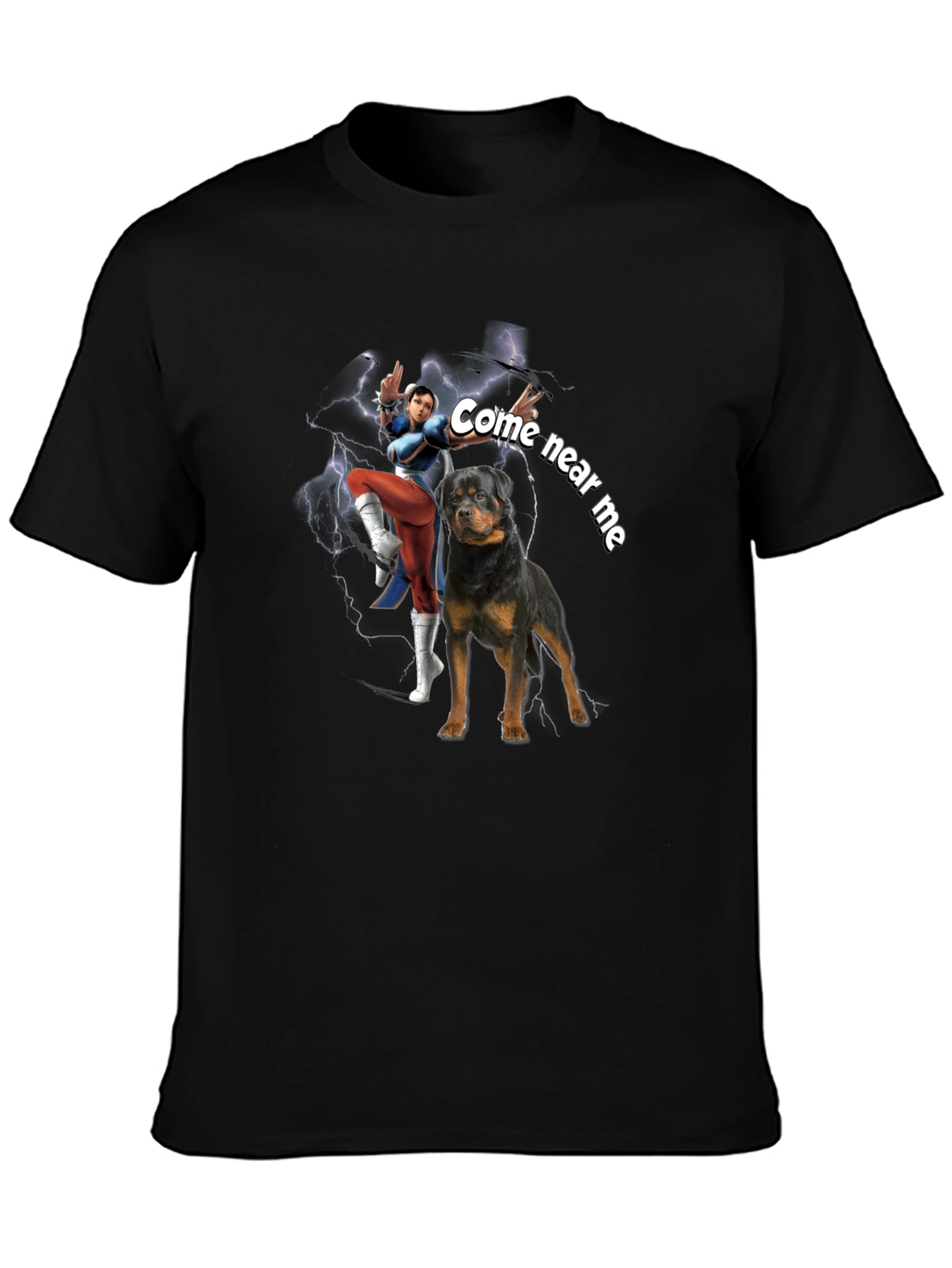 Black Cool Black Graphic Tee - Chun-Li & Rottweiler "Come Near Me" view 3