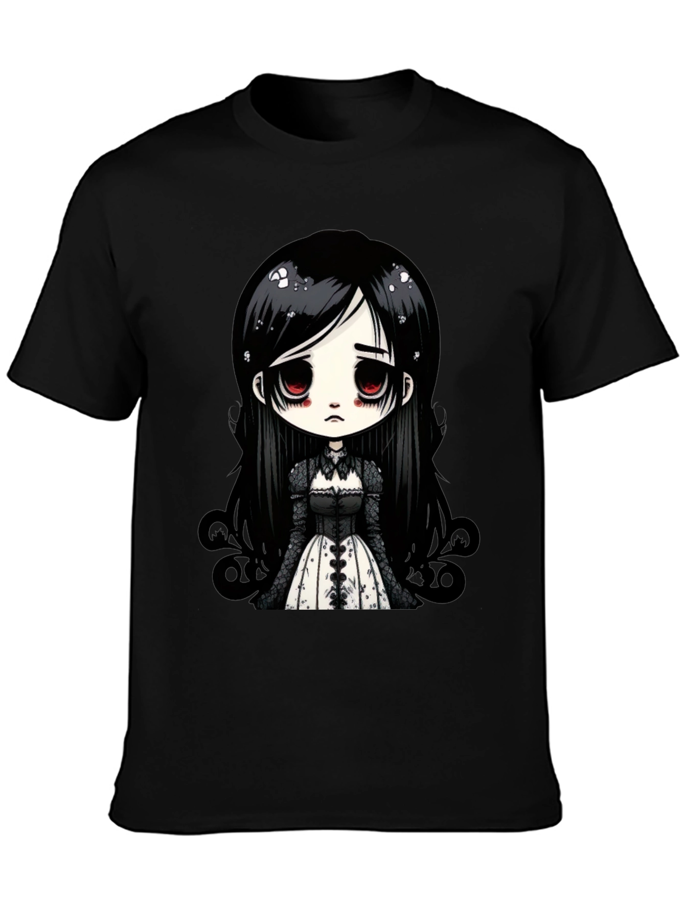 Black Gothic Doll T-Shirt - Emo Anime Style Black Tee view 3
