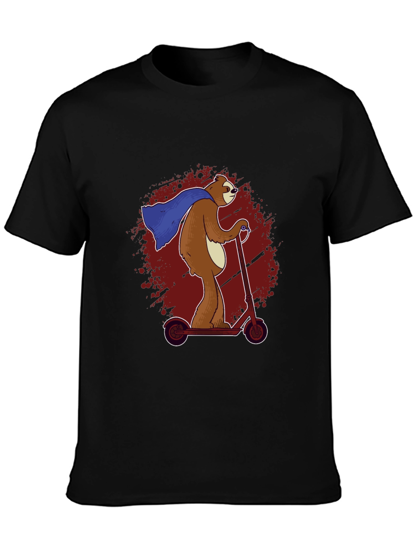 Black Superhero Sloth Scooter T-Shirt -  Funny Sloth Cape Design view 3