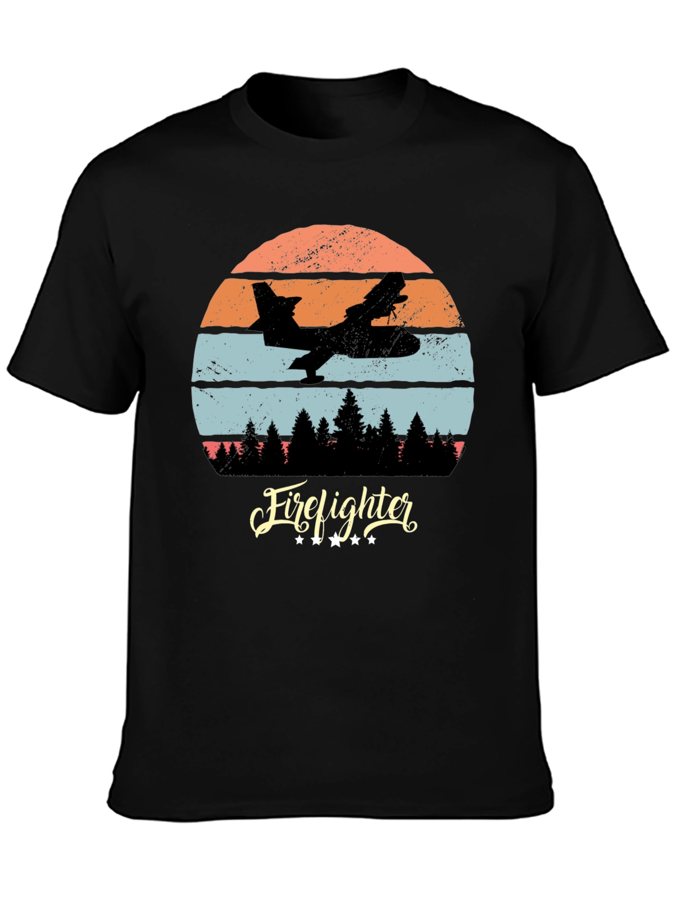 Black Firefighter Plane Retro T-Shirt view 3