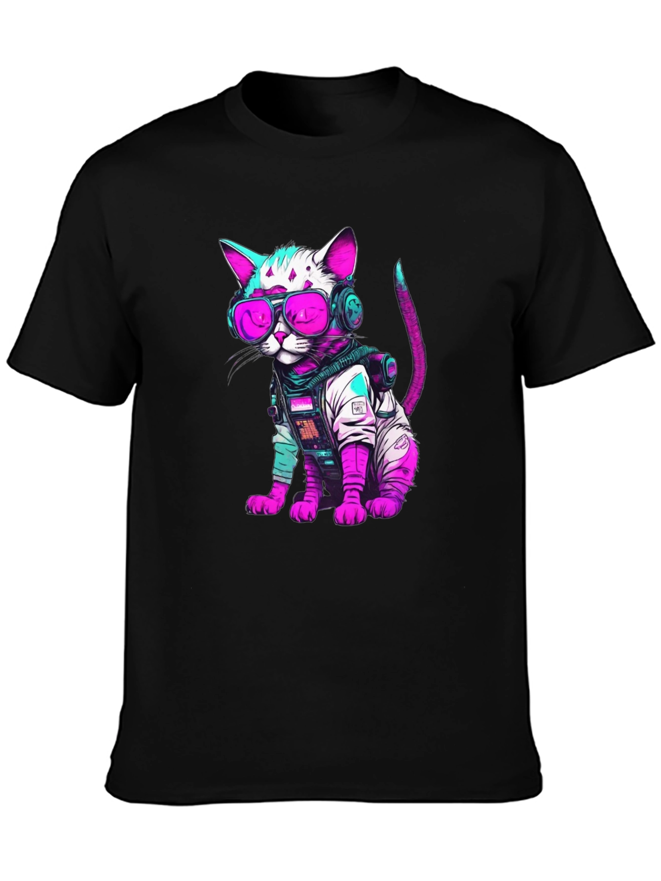 Black Cyberpunk Cat T-Shirt - Futuristic Feline Fashion view 3