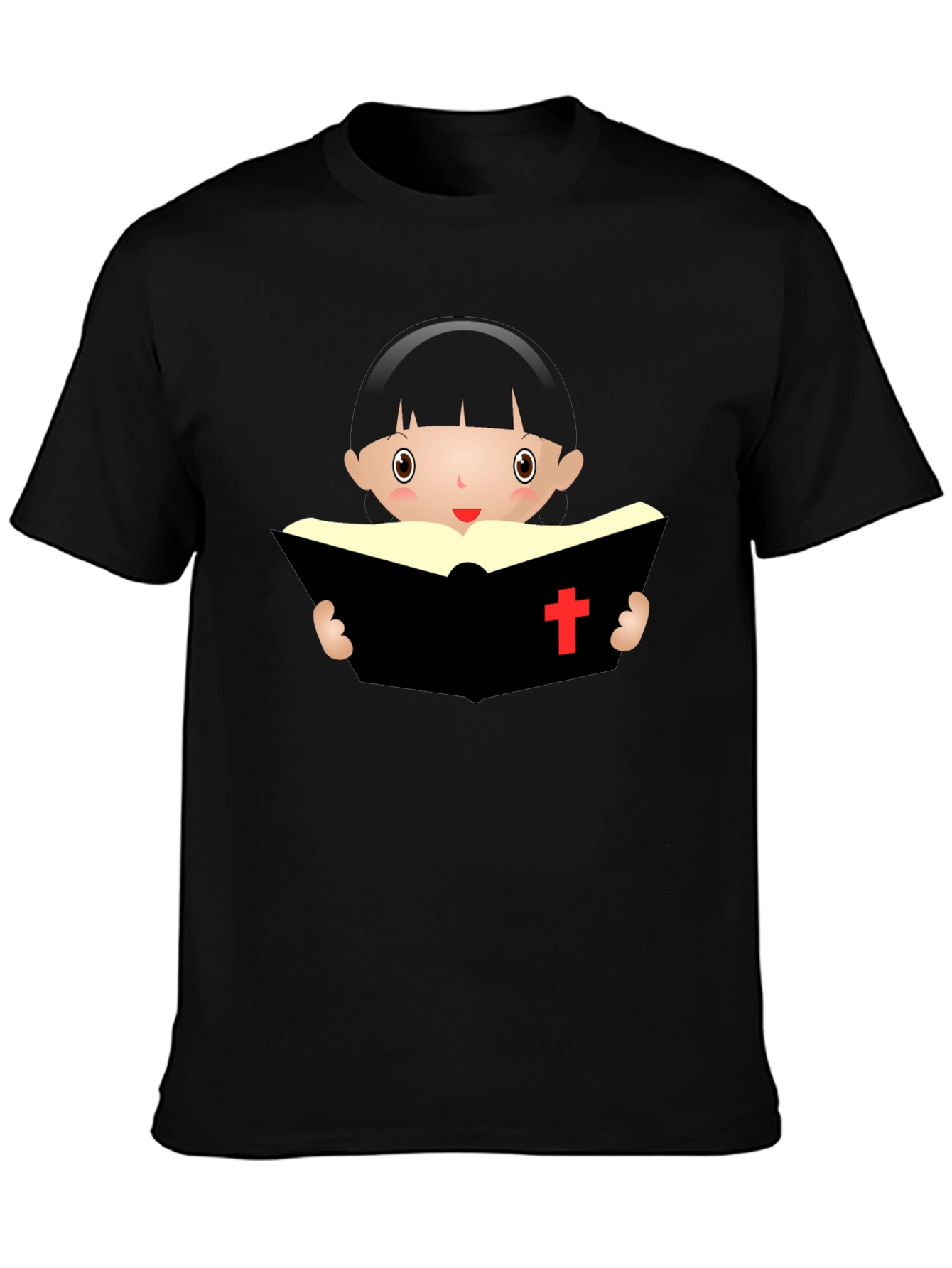 Black Cartoon Girl Reading Book - Black T-Shirt view 3