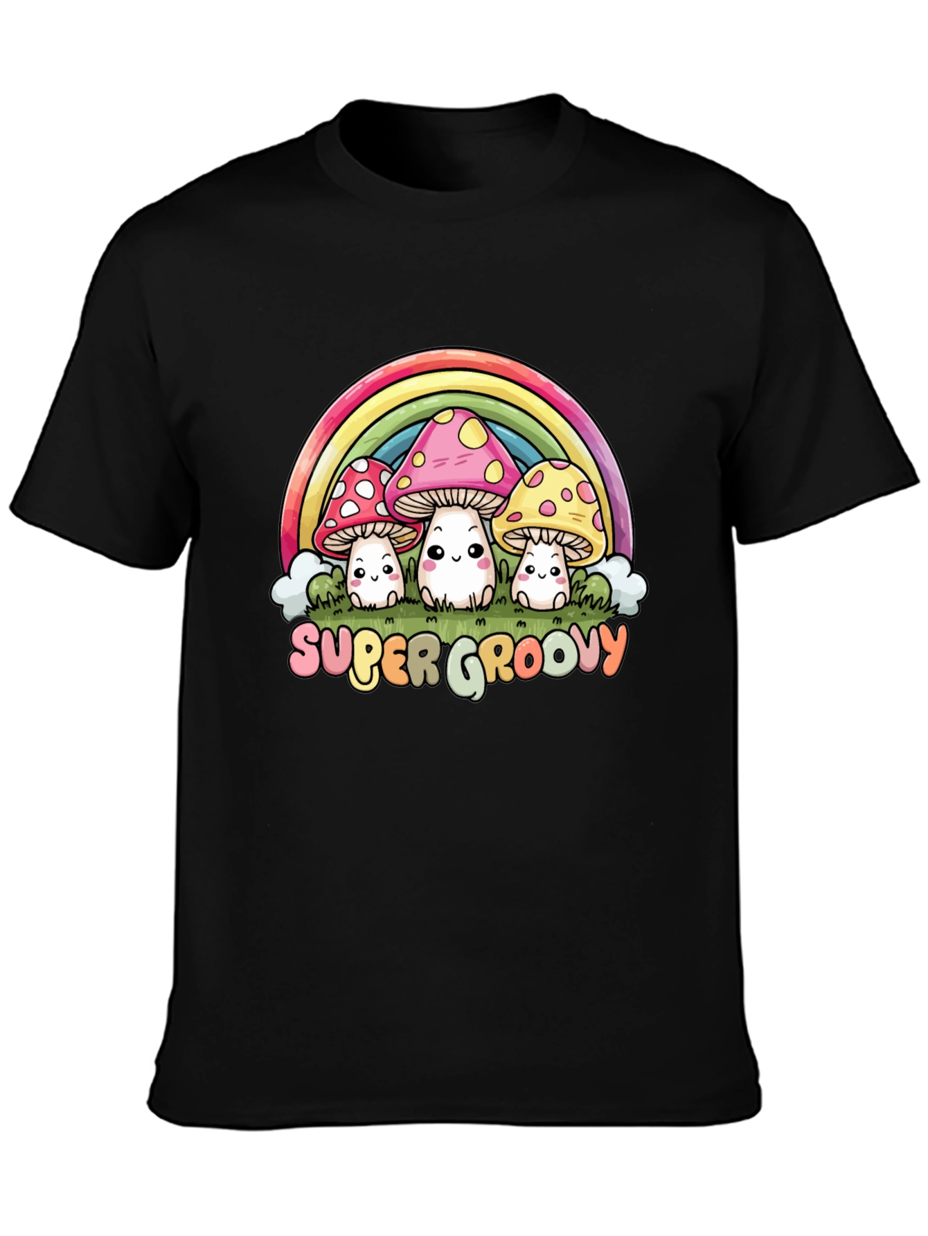 Black Super Groovy Mushroom Rainbow Graphic Tee view 3