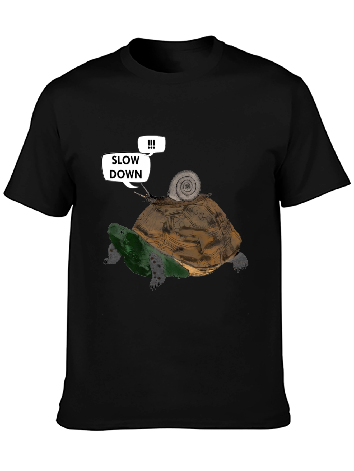 Black Slow Down Funny Turtle and Snail Graphic T-Shirt view 3
