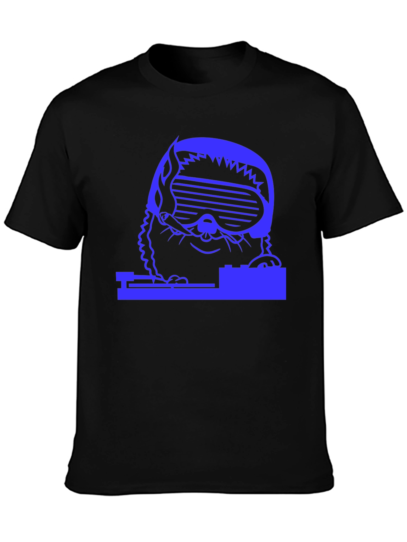 Black DJ Cat T-Shirt - Black Cotton Tee with Blue Graphic view 3