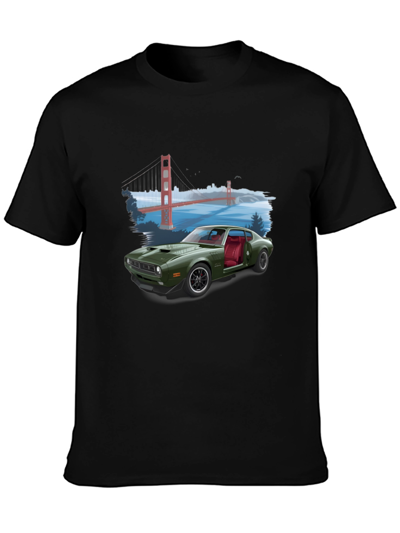 Black Retro Car & Bridge T-Shirt - Unique Graphic Tee view 3