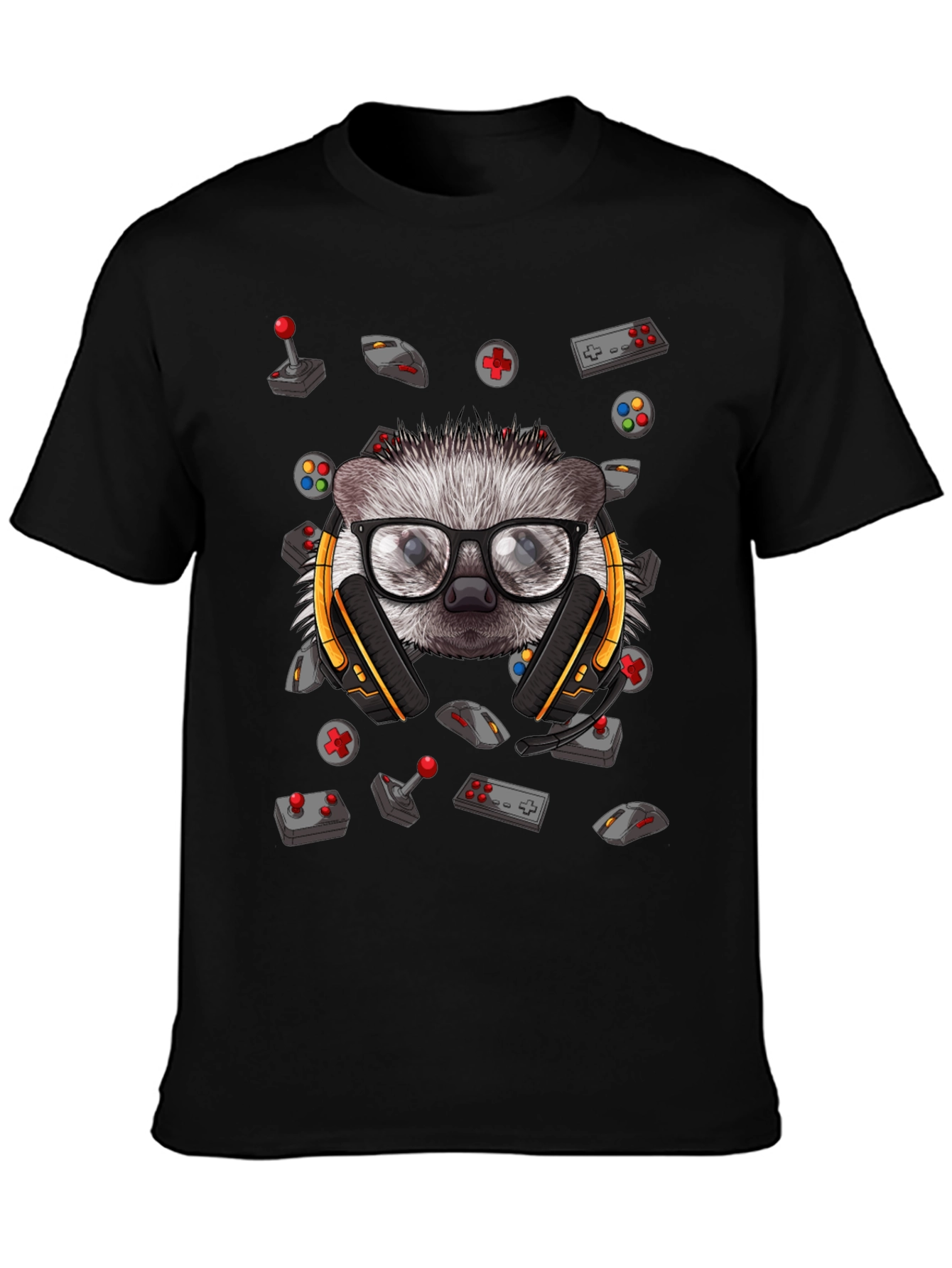 Black Gamer Hedgehog Graphic Tee - Black Cotton T-Shirt view 3