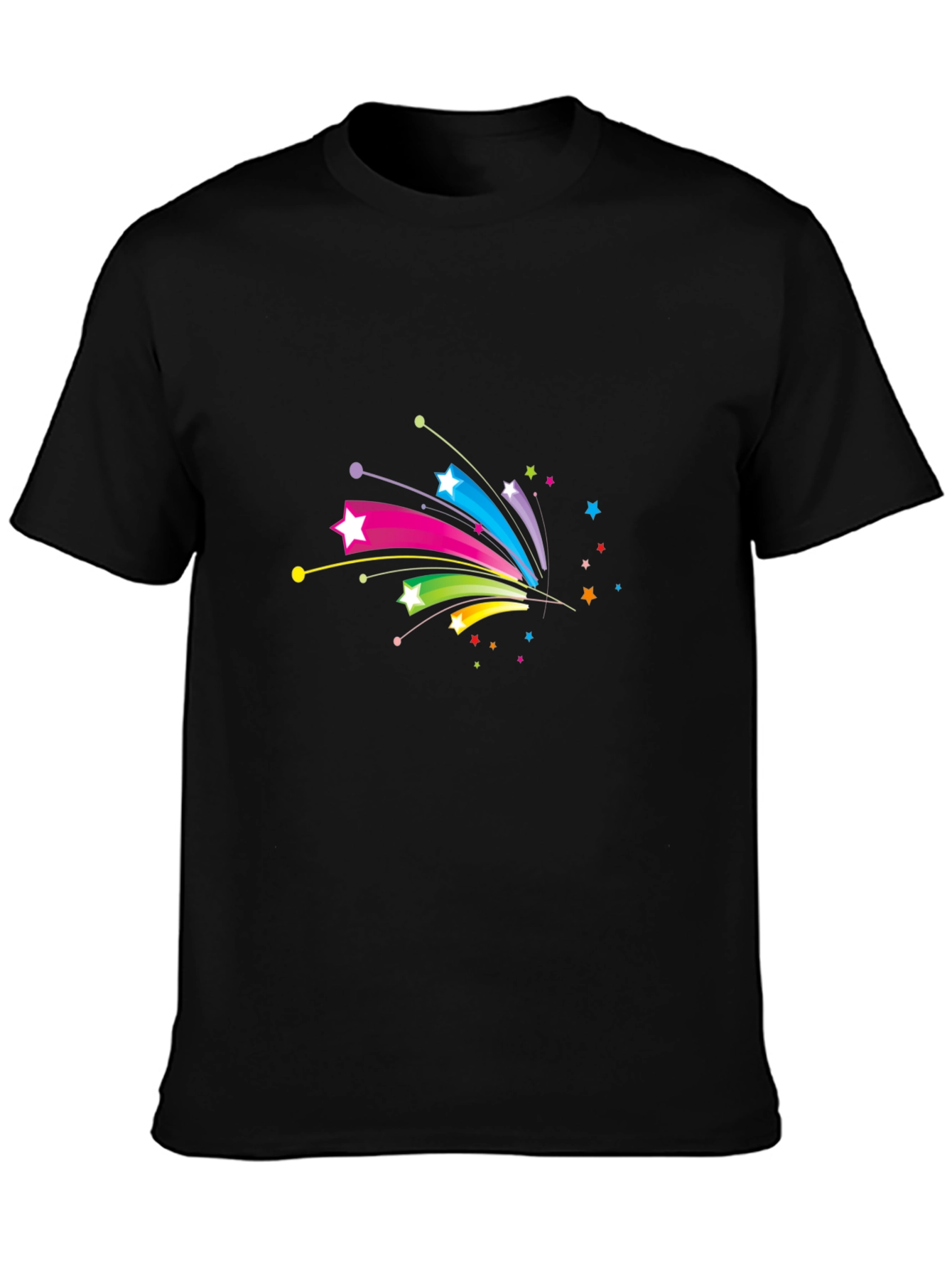 Black Men's Black T-Shirt with Colorful Star Graphic view 3