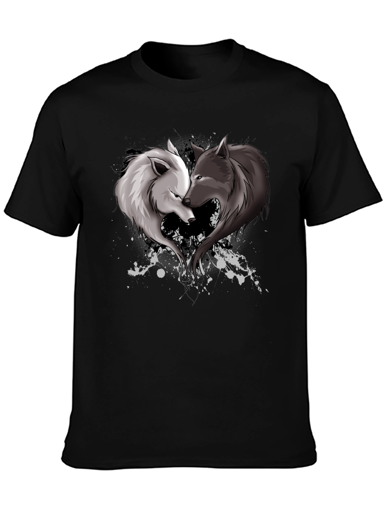 Black Yin Yang Wolves Heart Graphic T-Shirt view 3