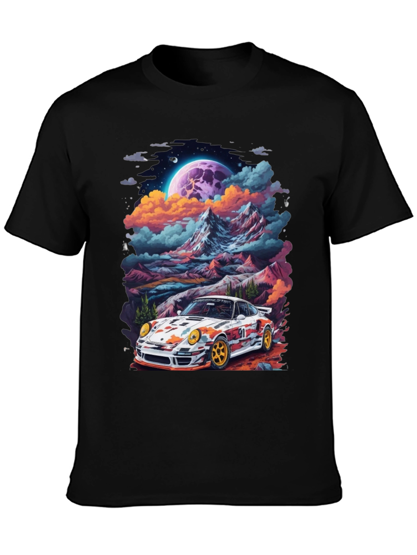 Black Retro Racer T-Shirt: Car & Mountain Design view 3