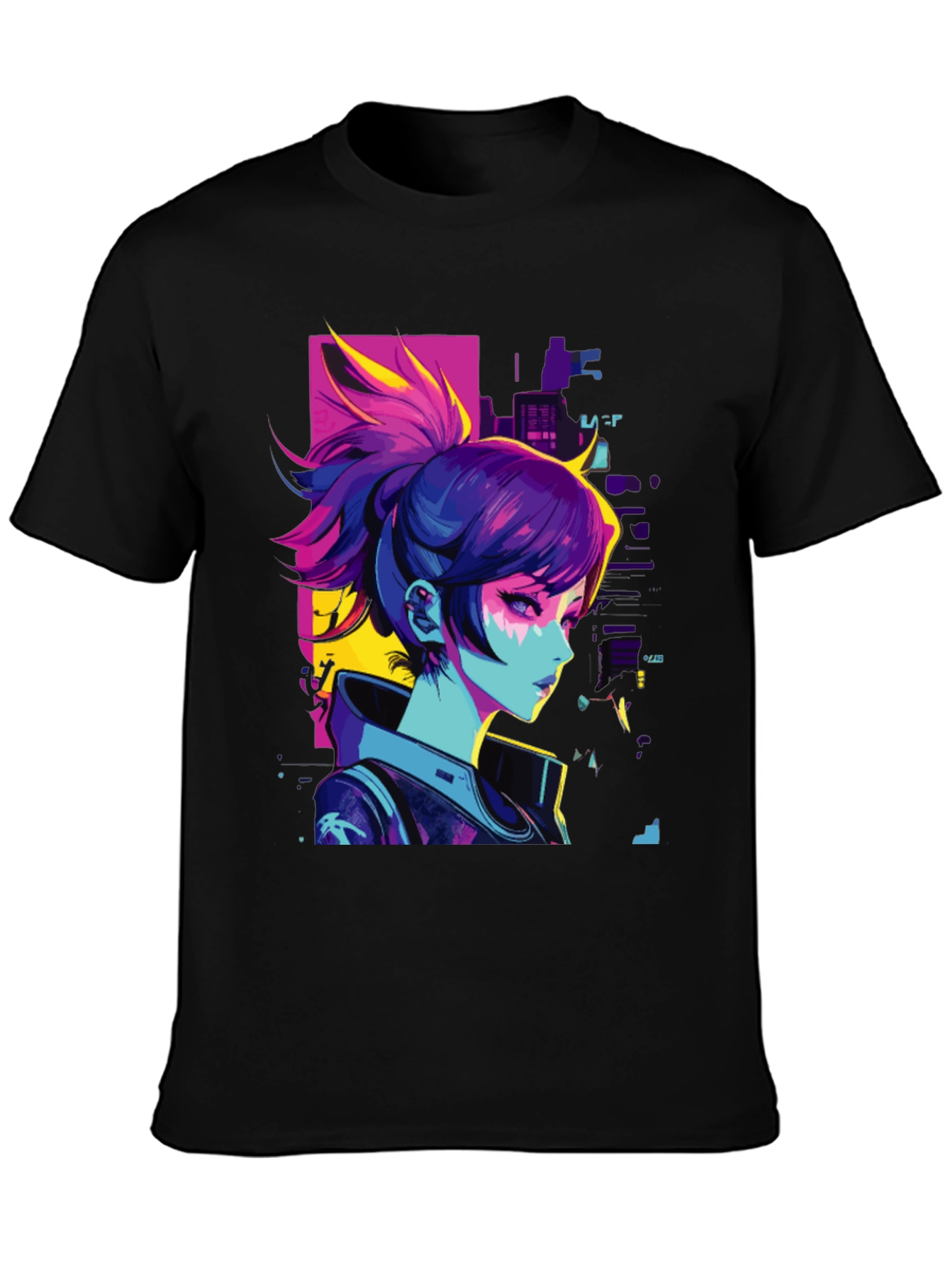 Black Cyberpunk Anime Girl Graphic Black T-Shirt view 3