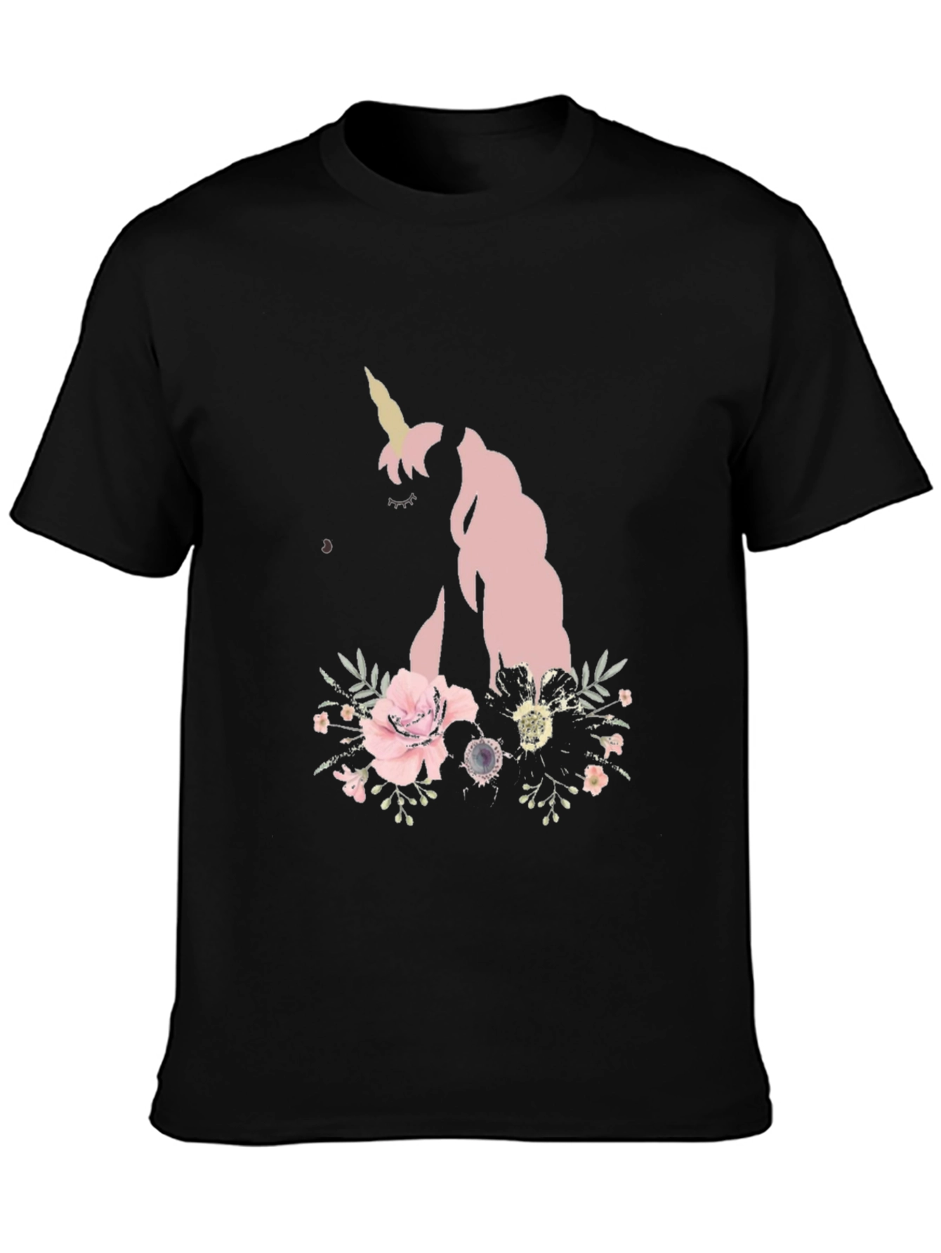 Black Floral Unicorn Black T-Shirt view 3