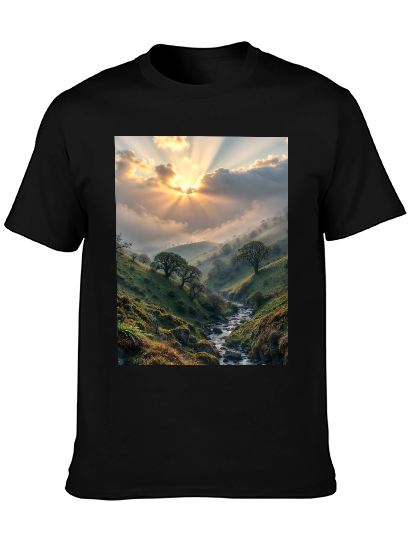 Black Sunlit Valley T-Shirt - Nature Scenery Tee view 3