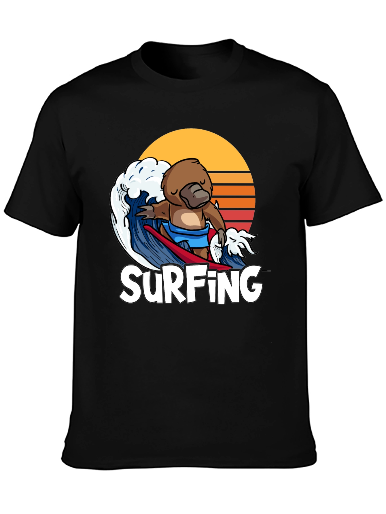 Black Surfing Platypus T-Shirt - Retro Wave Design view 3