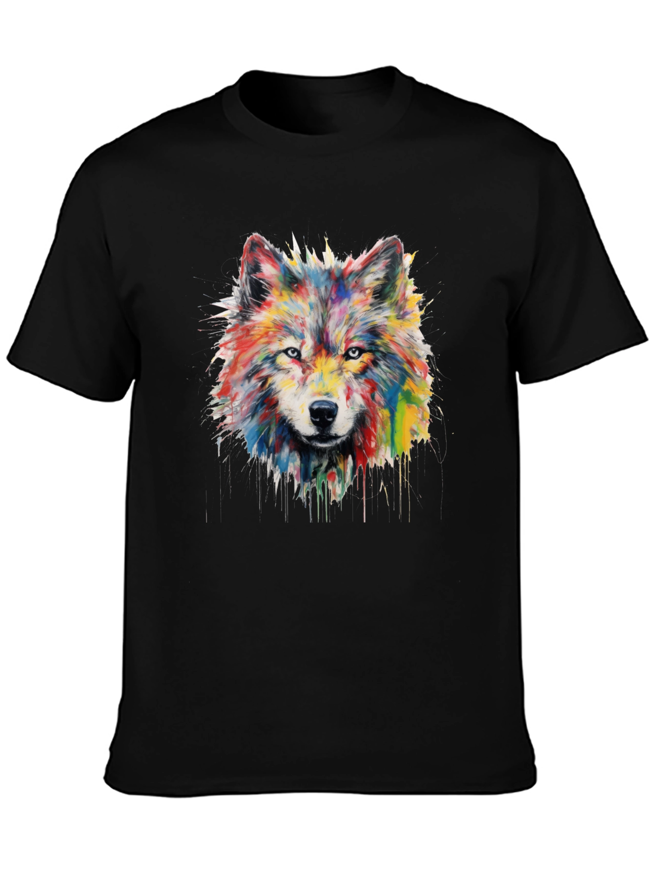 Black Colorful Watercolor Wolf Graphic Black T-Shirt view 3