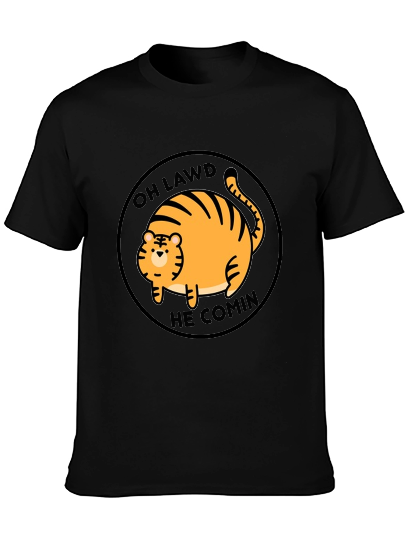 Black Oh Lawd He Comin' Cat T-Shirt - Funny Round Orange Tabby Tee view 3
