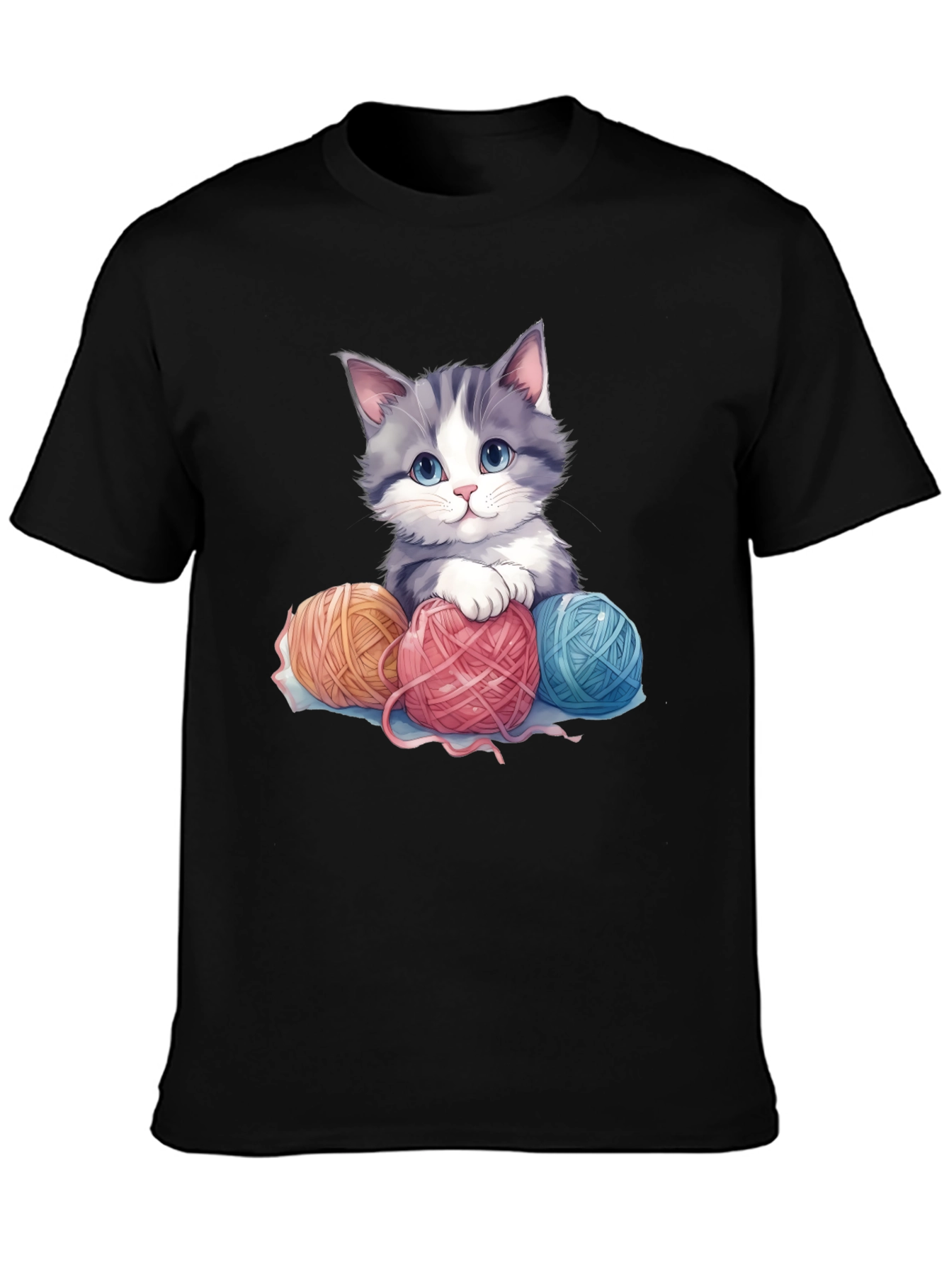 Black Cute Kitten & Yarn Balls Graphic Tee view 3