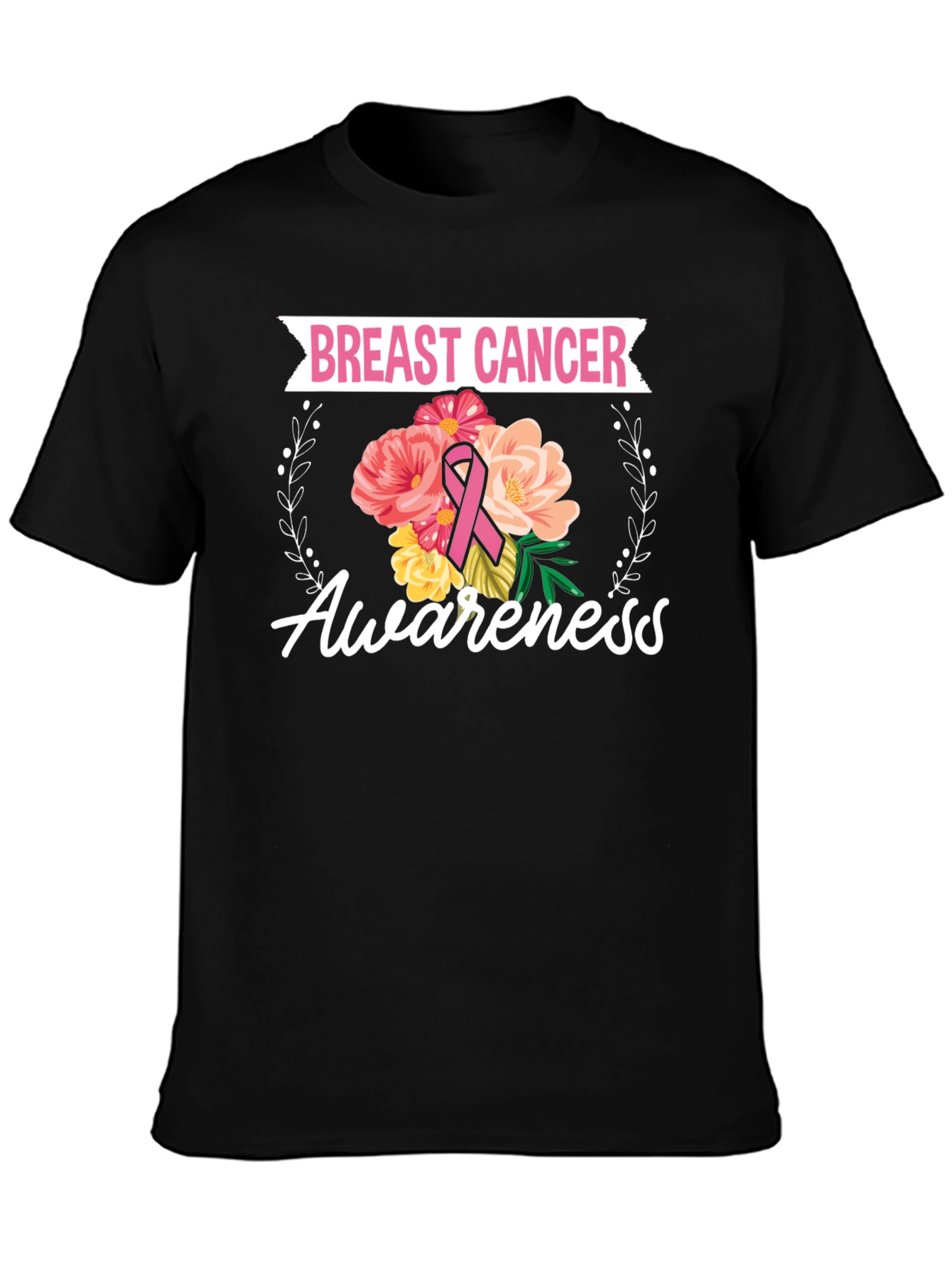 Black Breast Cancer Awareness Floral T-Shirt view 3