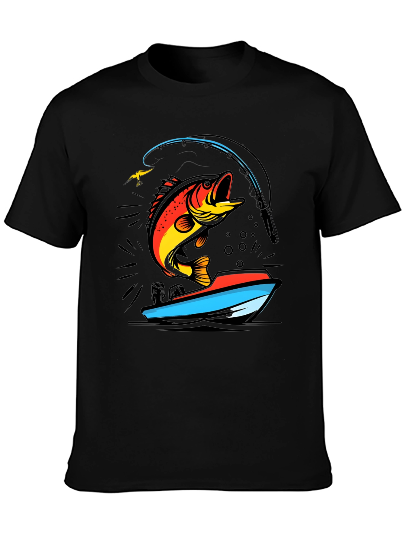 Black Fishing T-Shirt: Bass Jumping From Boat view 3