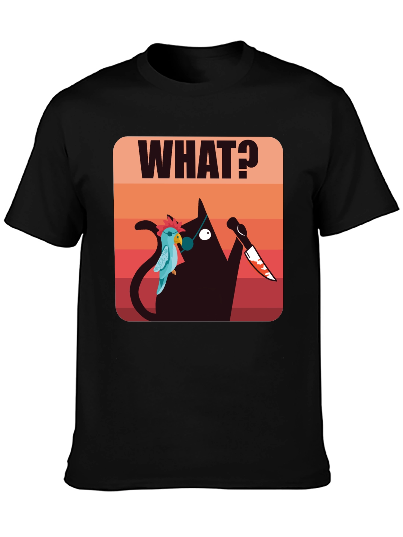 Black Funny Cat with Knife T-Shirt - Men's Black Graphic Tee view 3