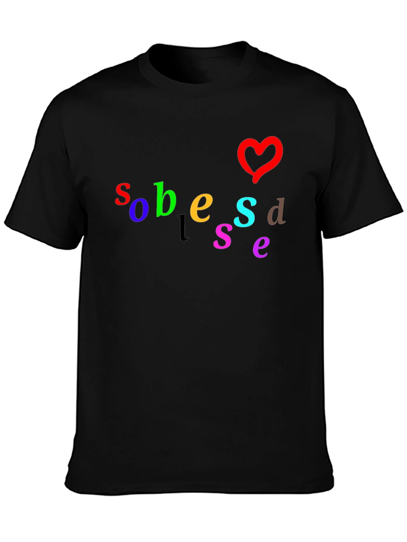 Black Colorful Graphic T-Shirt with Heart Design view 3