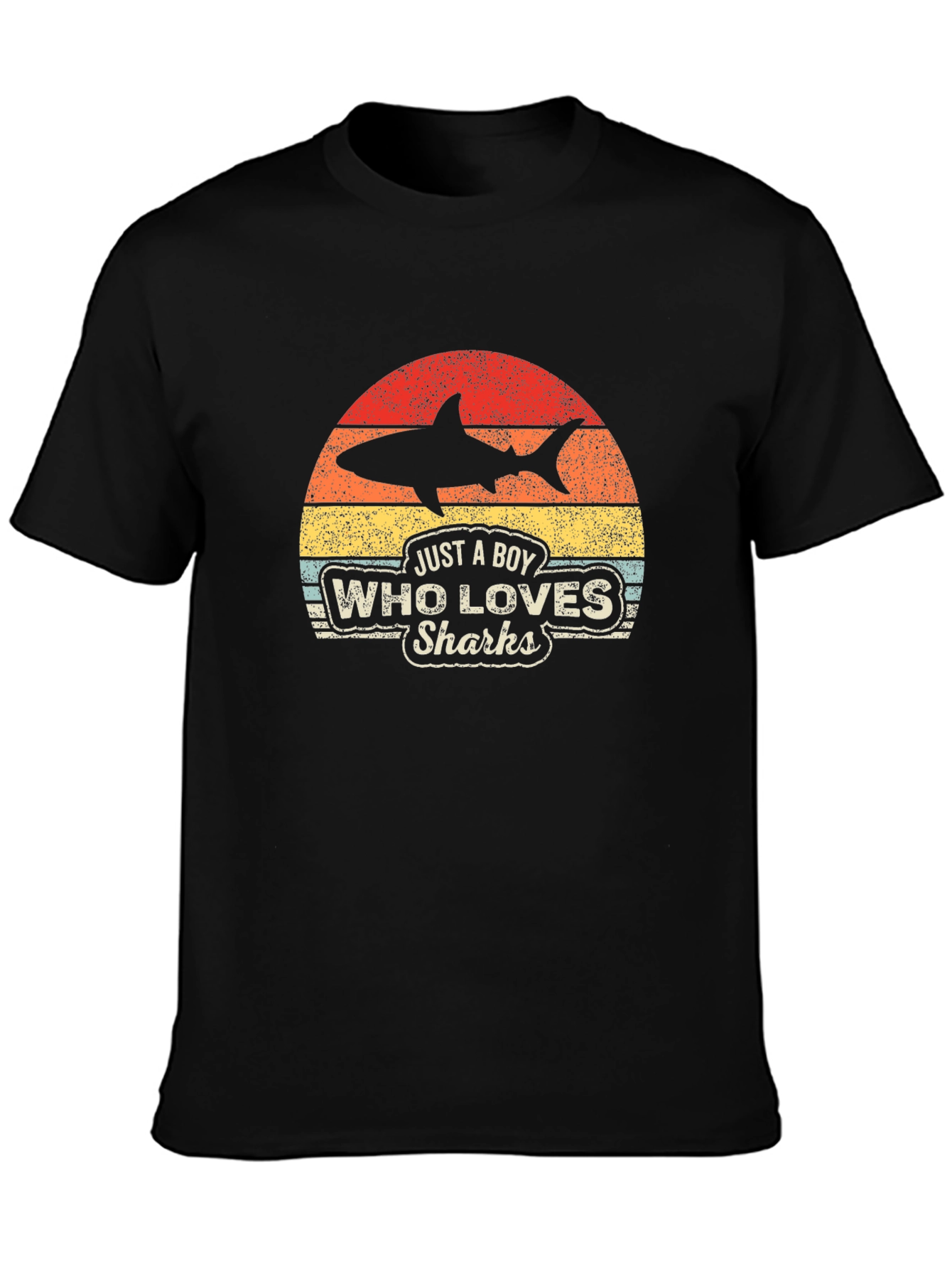 Black Boy Who Loves Sharks Black T-Shirt - Retro Style view 3