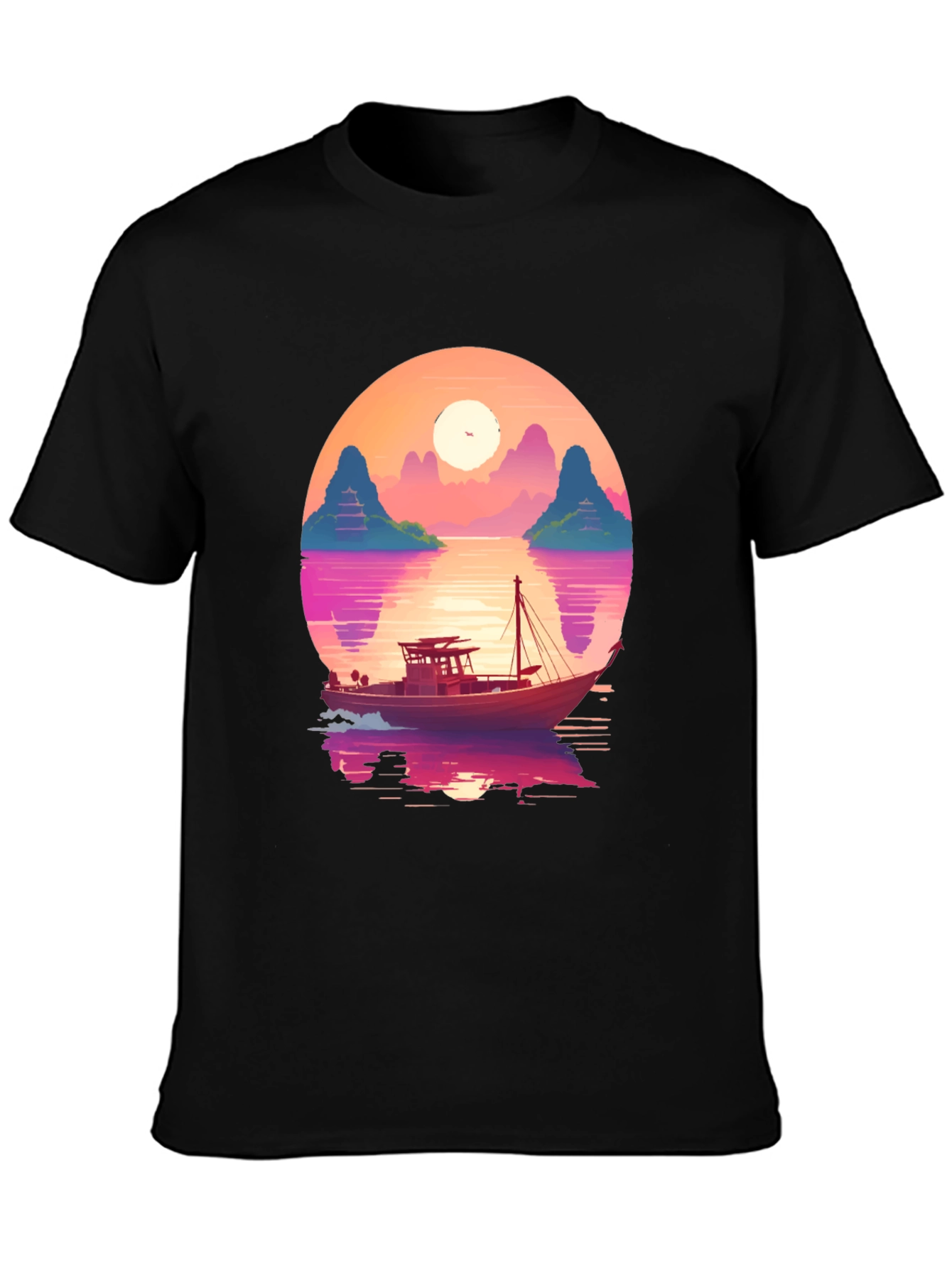 Black Sunset Boat Graphic Tee - Retro Style view 3