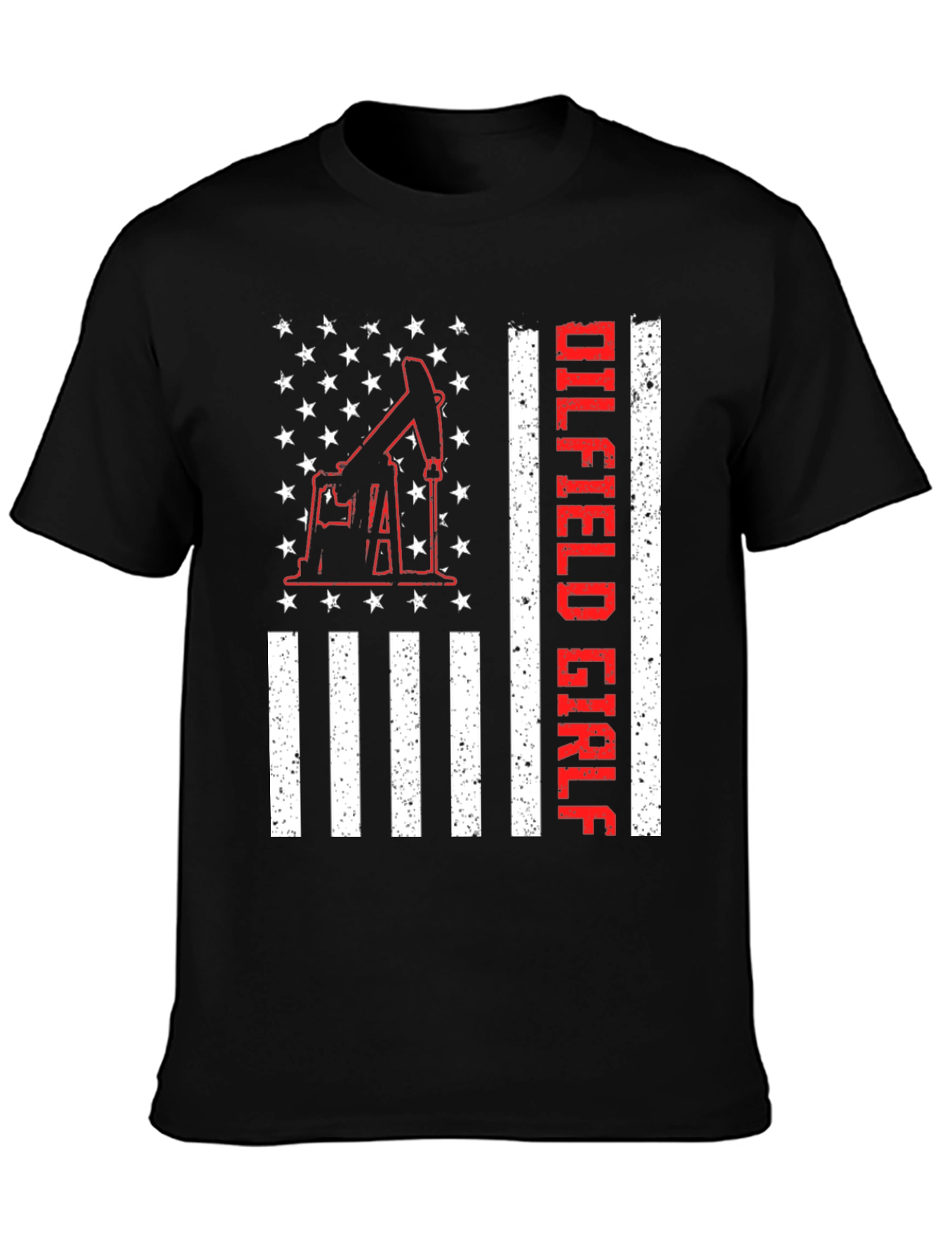 Black Oilfield Girl T-Shirt - American Flag Design view 3