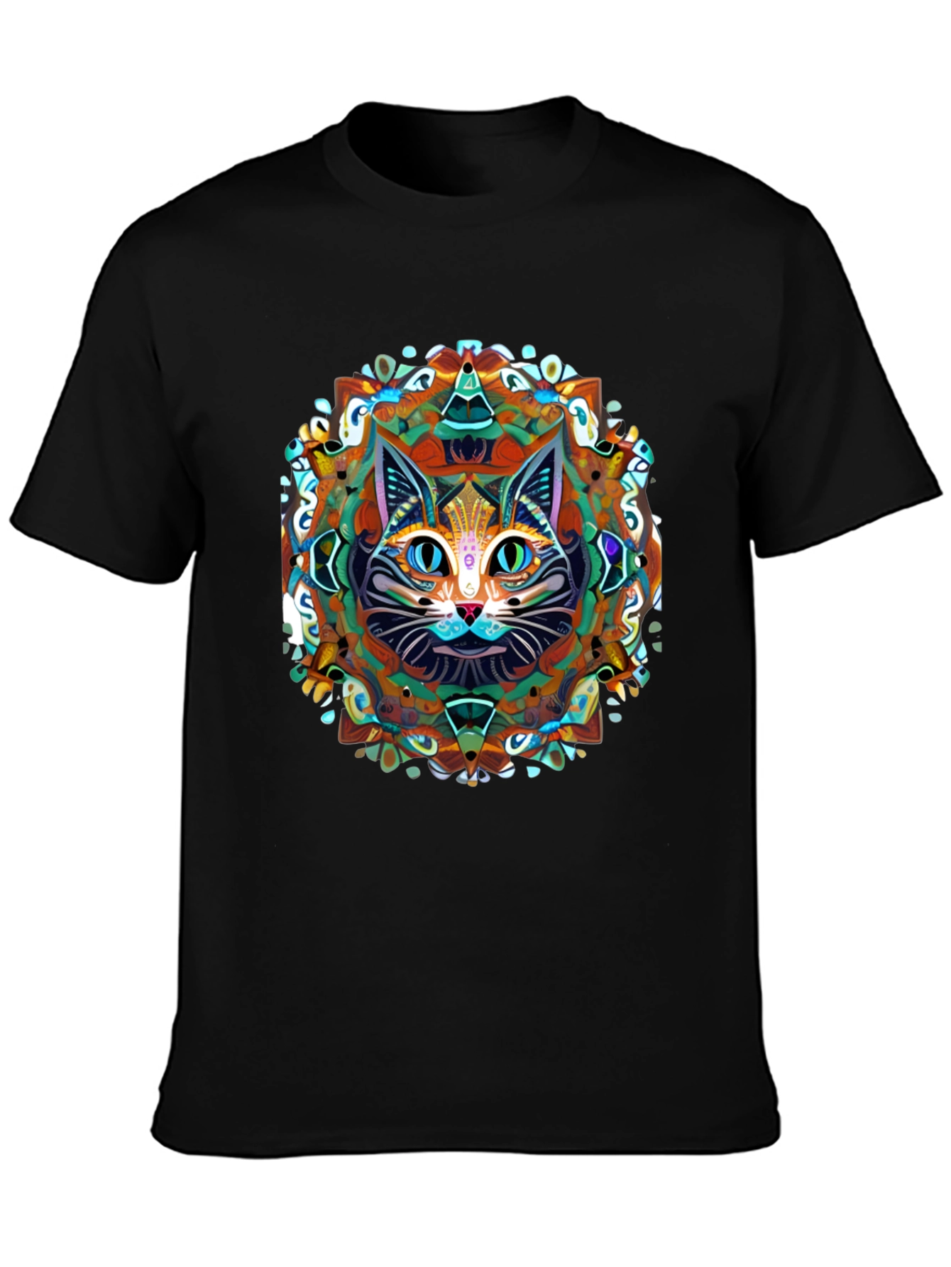 Black Psychedelic Cat Mandala T-Shirt view 3