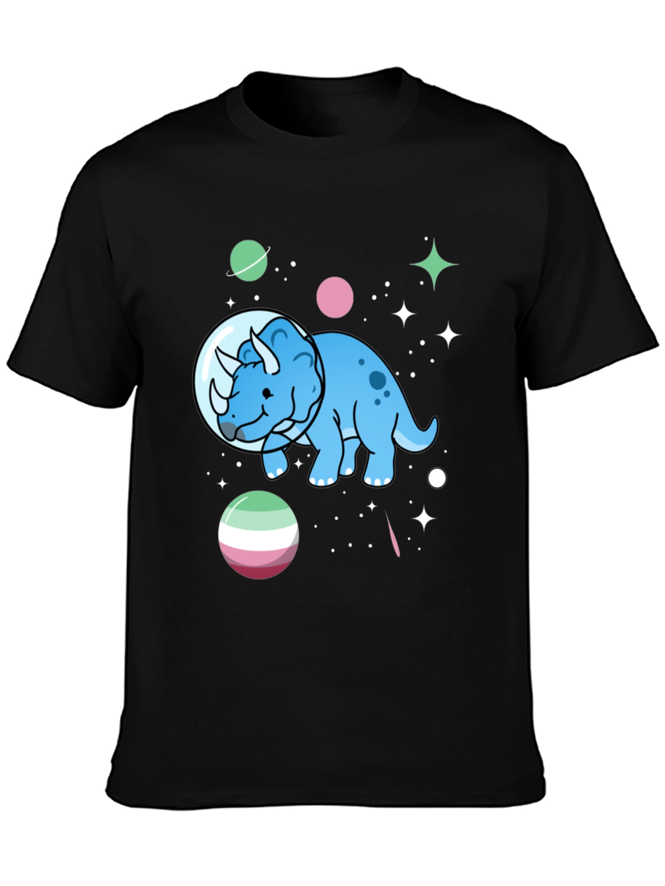 Black Dino in Space T-Shirt - Triceratops Astronaut view 3