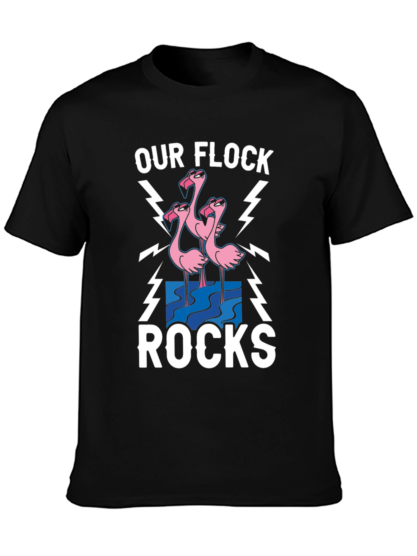 Black Our Flock Rocks T-Shirt - Pink Flamingo Design view 3