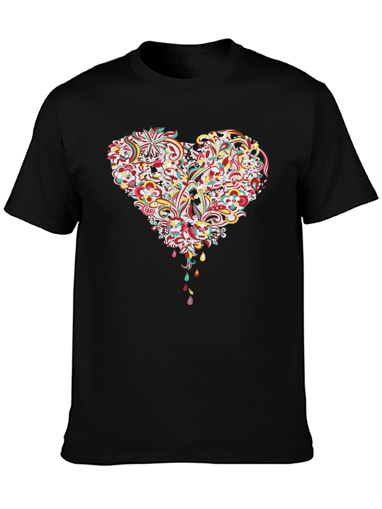 Black Floral Heart Graphic Tee - Black Cotton T-Shirt view 3