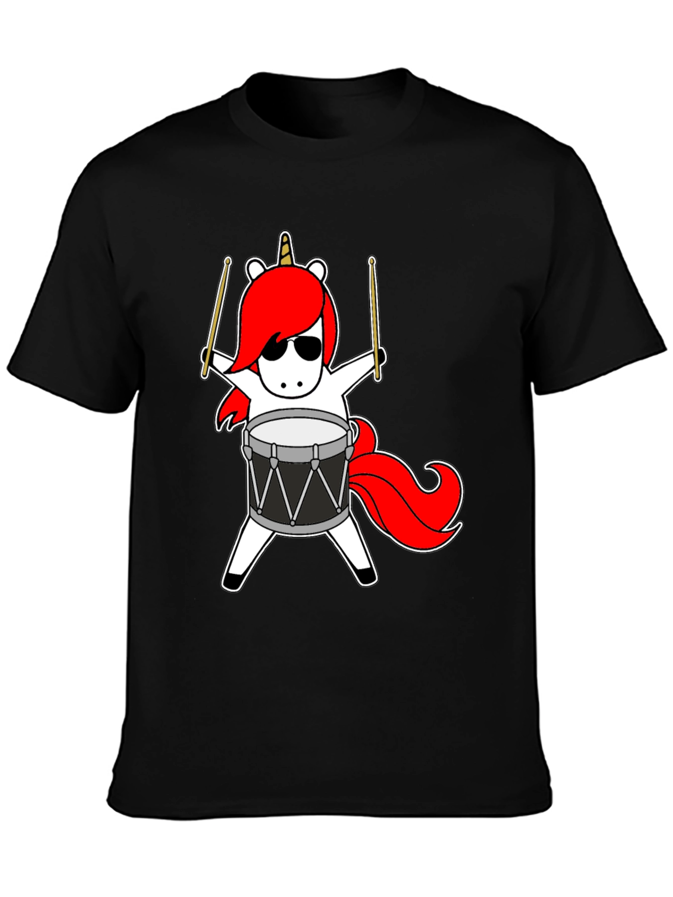 Black Unicorn Drummer T-Shirt - Cool Cartoon Design view 3