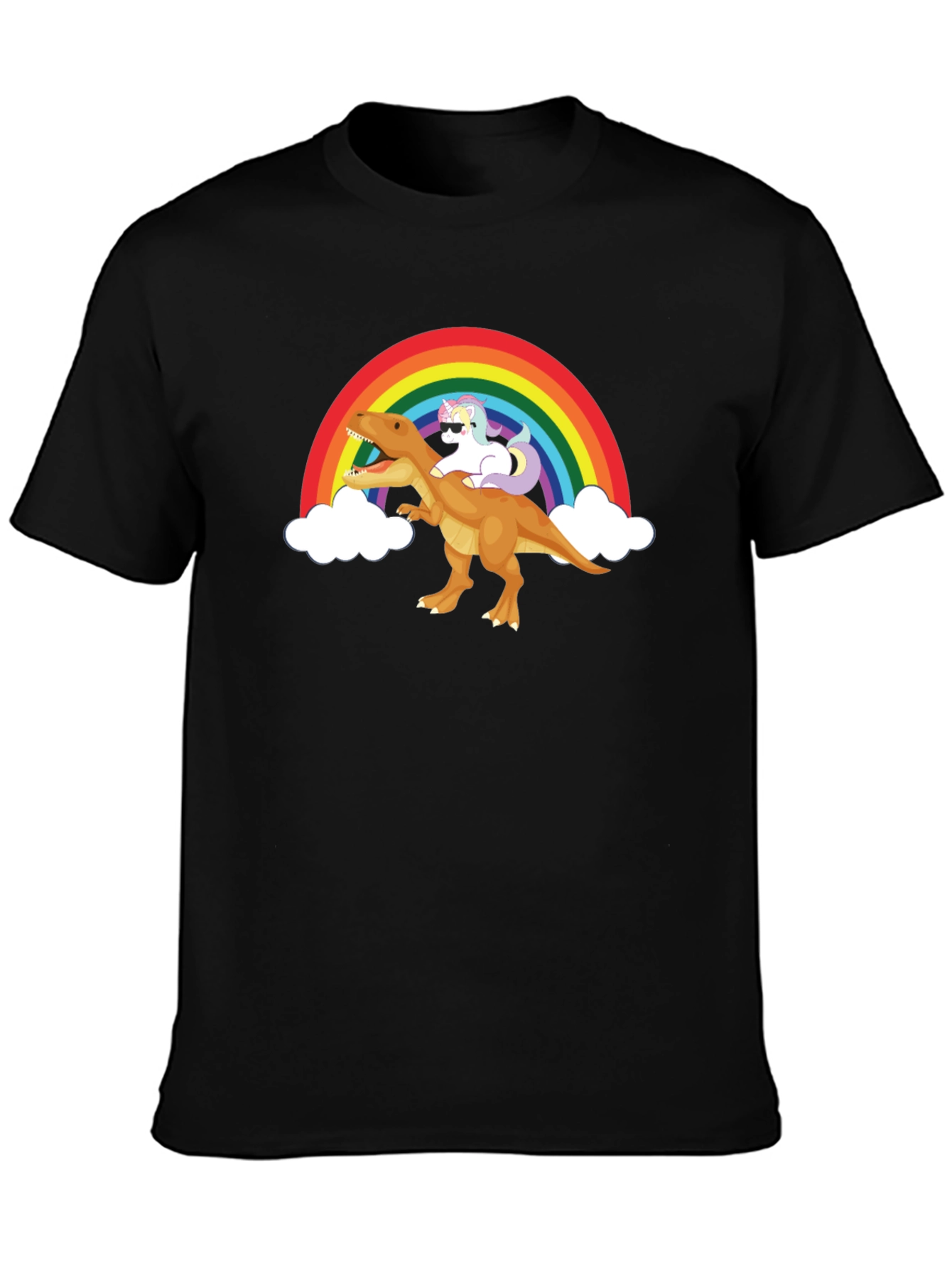 Black Rainbow Unicorn Riding Dinosaur Graphic Tee view 3