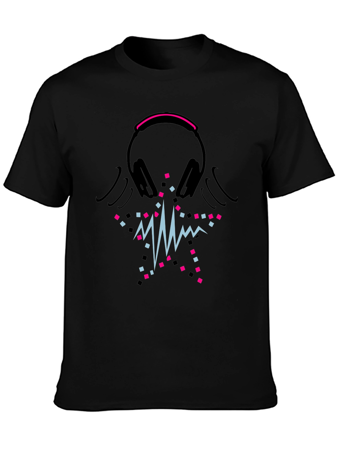 Black Black T-Shirt with Headphones and Soundwave Design view 3